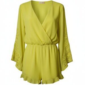 Entro Yellow Wrap Style Boho Ruffle Hem Romper Size Small Embroidered Sleeves